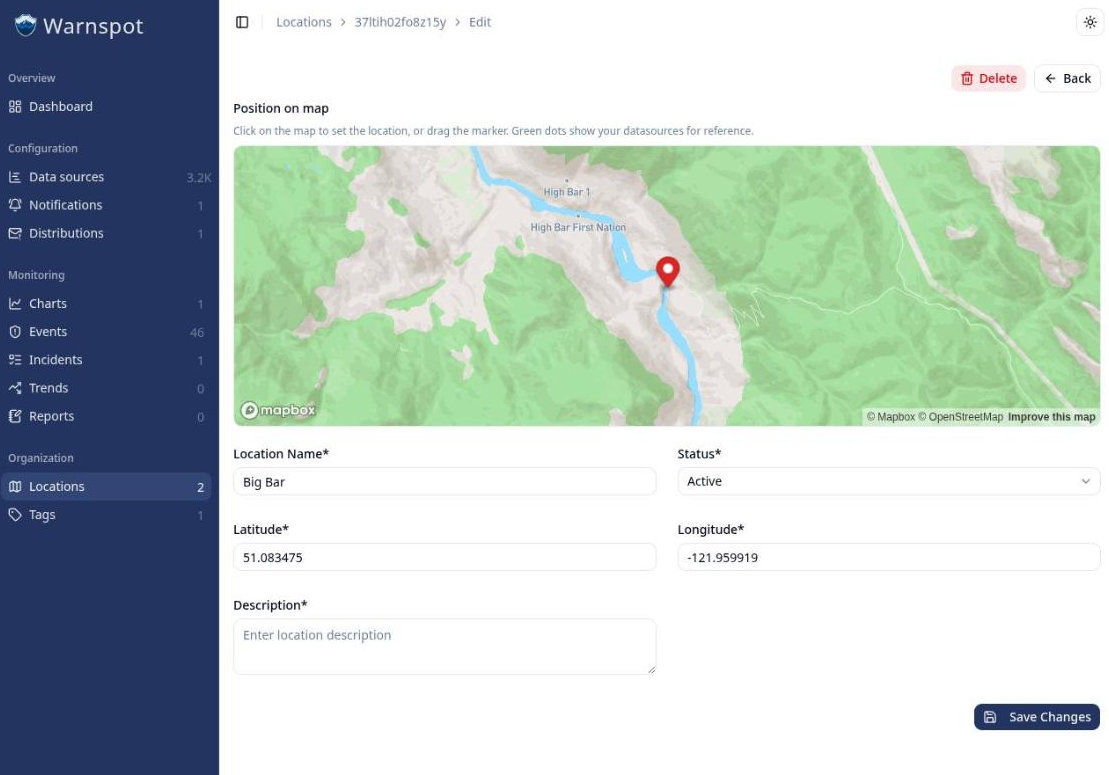 The Warnspot location form for Big Bar, with the name field filled in and a map marker placed on
the Fraser River in the Fraser Canyon
