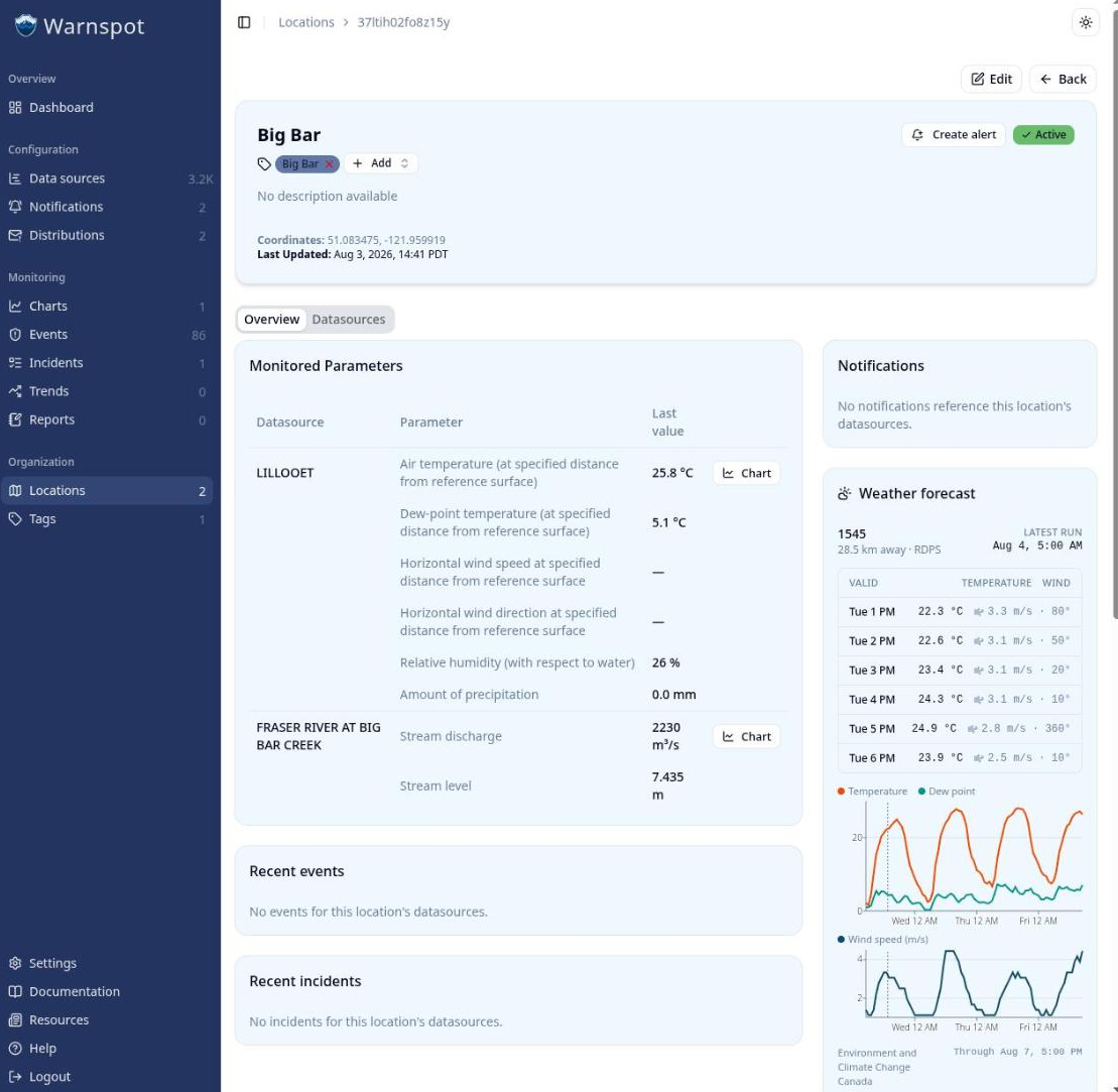 The Big Bar location page listing the two linked datasources, the Fraser River at Big Bar Creek
gauge and the Lillooet weather station, with their latest
values