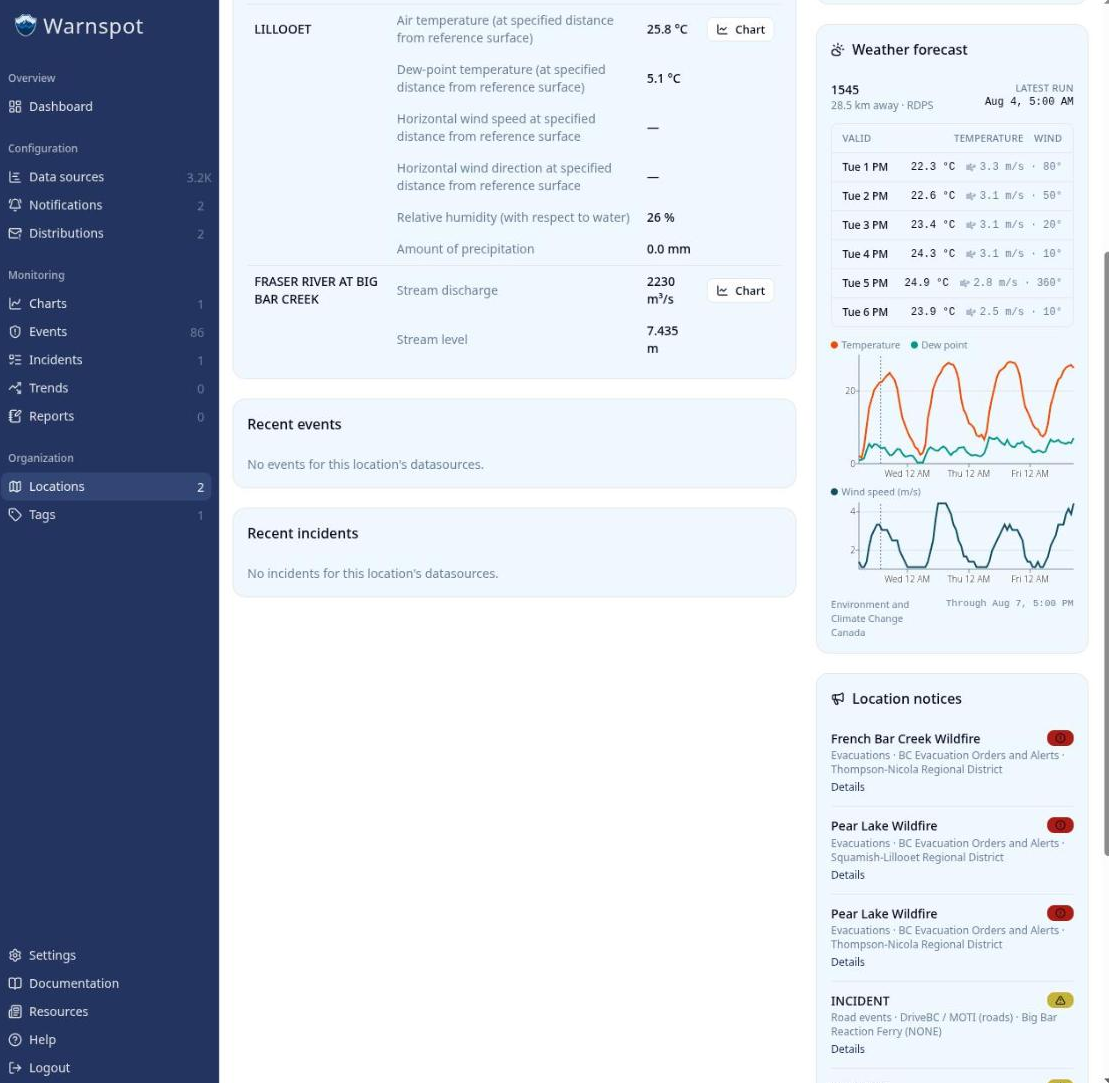 The Big Bar location page showing the PROGNOS forecast alongside an active wildfire evacuation
order and a road notice about the Big Bar reaction
ferry
